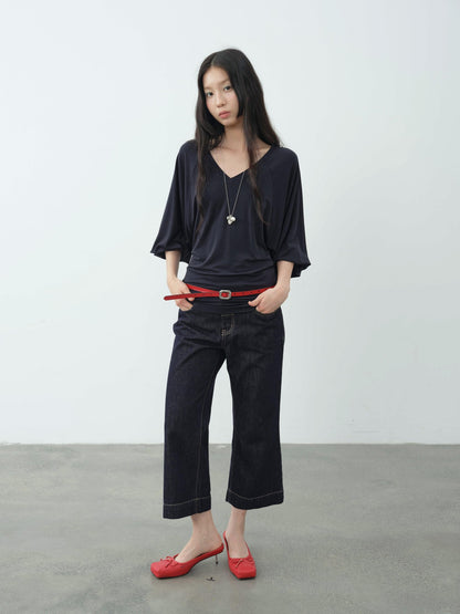 DKZ OFFICIAL Navy V-neck Lantern Sleeve Slim Women&