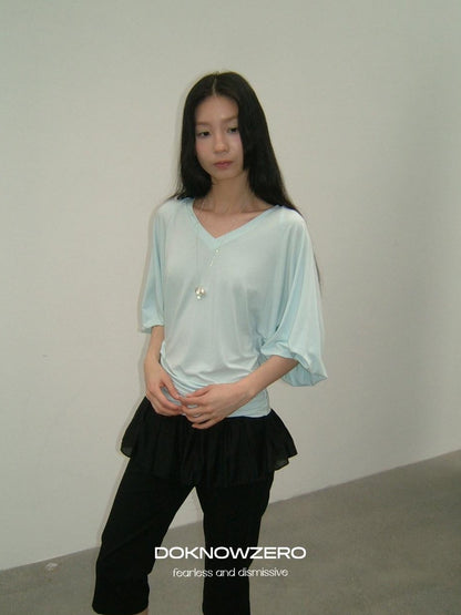 DKZ OFFICIAL Navy V-neck Lantern Sleeve Slim Women&