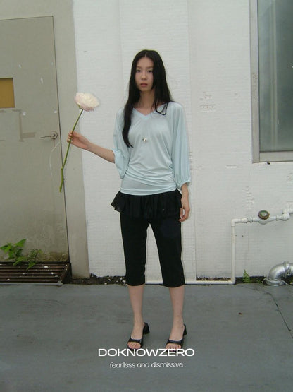 DKZ OFFICIAL Navy V-neck Lantern Sleeve Slim Women&