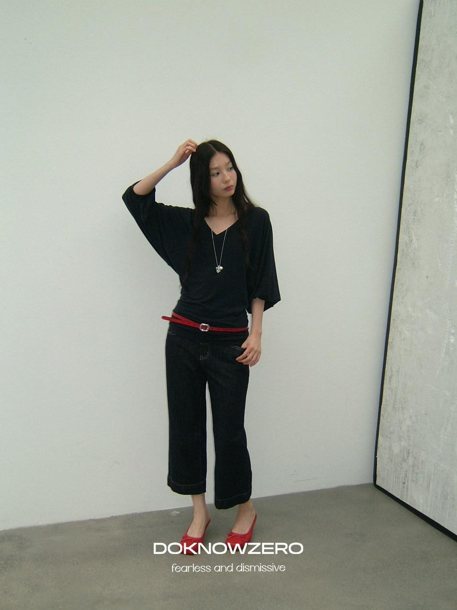 DKZ OFFICIAL Navy V-neck Lantern Sleeve Slim Women&