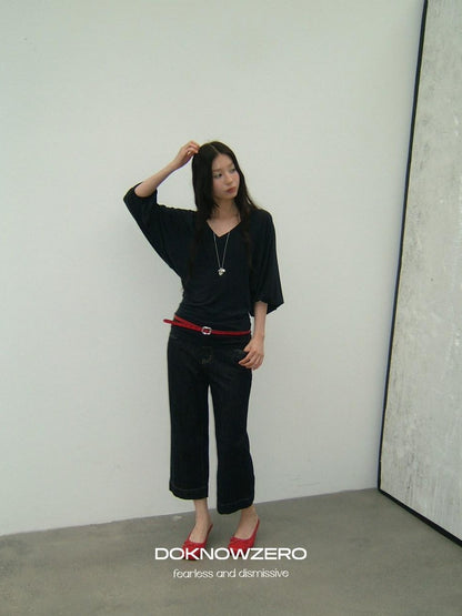 DKZ OFFICIAL Navy V-neck Lantern Sleeve Slim Women&
