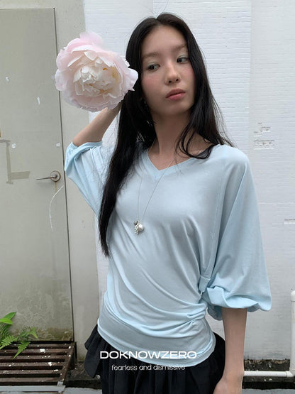 DKZ OFFICIAL Navy V-neck Lantern Sleeve Slim Women&