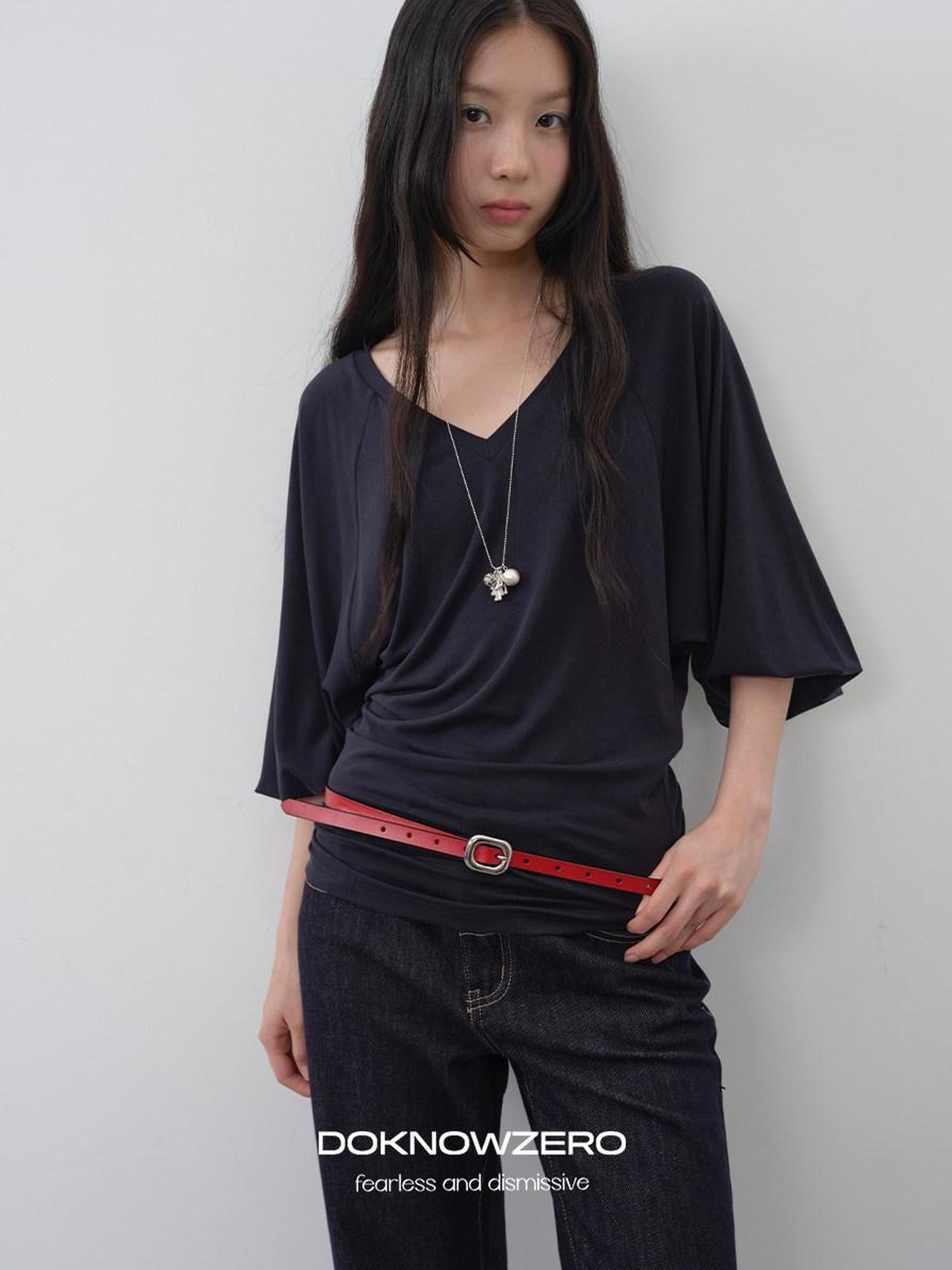 DKZ OFFICIAL Navy V-neck Lantern Sleeve Slim Women&