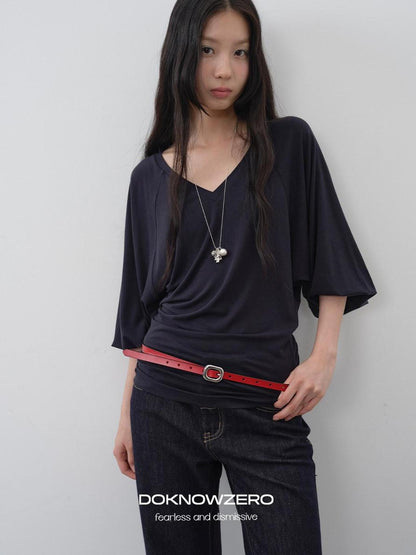DKZ OFFICIAL Navy V-neck Lantern Sleeve Slim Women&
