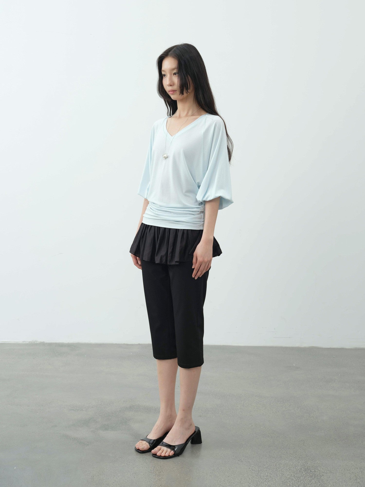 DKZ OFFICIAL Navy V-neck Lantern Sleeve Slim Women&
