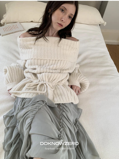 DKZ OFFICIAL Off Shoulder Knit Bow Tie Sweater