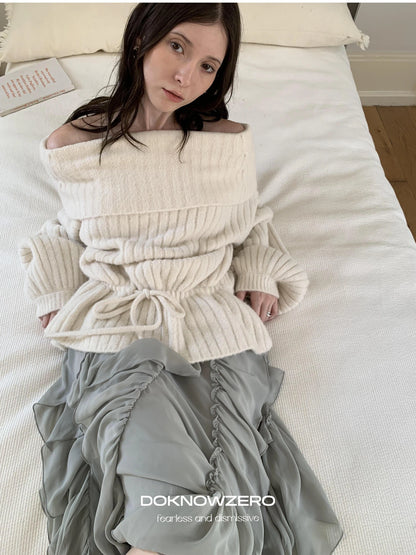 DKZ OFFICIAL Off Shoulder Knit Bow Tie Sweater