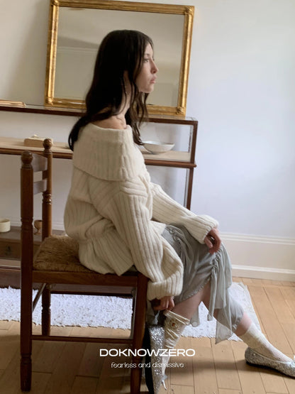DKZ OFFICIAL Off Shoulder Knit Bow Tie Sweater