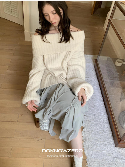 DKZ OFFICIAL Off Shoulder Knit Bow Tie Sweater