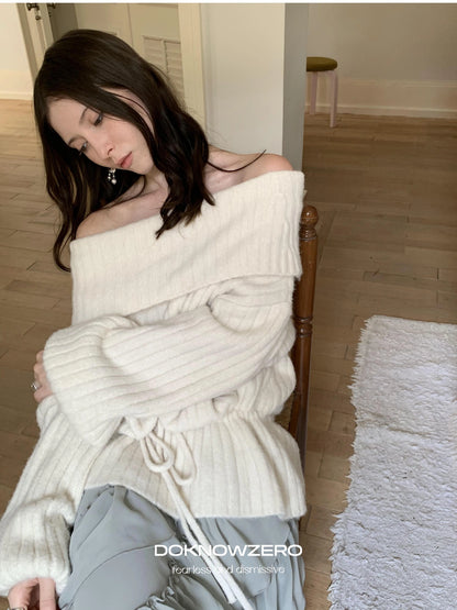 DKZ OFFICIAL Off Shoulder Knit Bow Tie Sweater