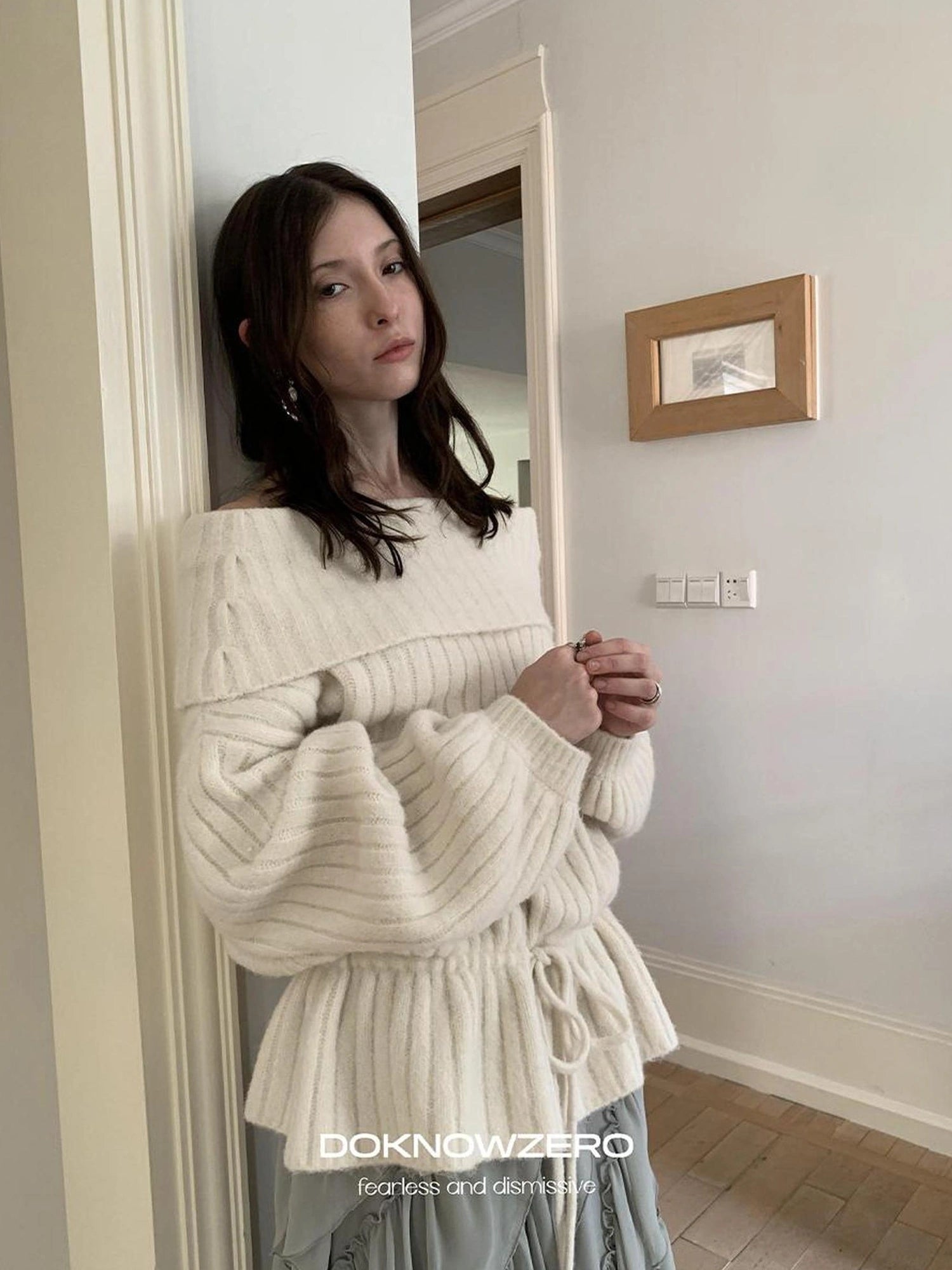 DKZ OFFICIAL Off Shoulder Knit Bow Tie Sweater