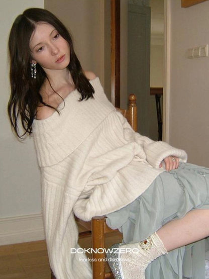 DKZ OFFICIAL Off Shoulder Knit Bow Tie Sweater