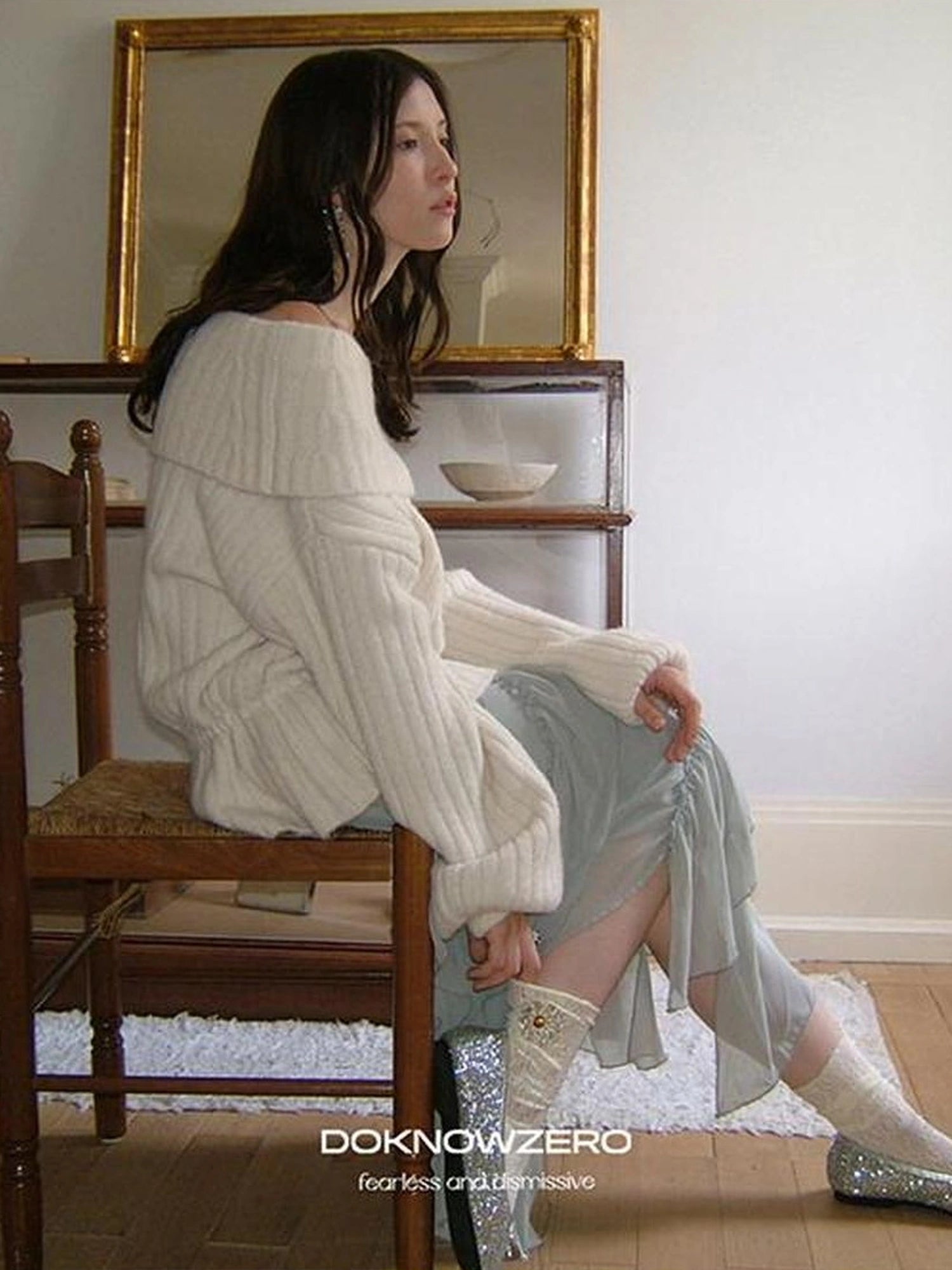 DKZ OFFICIAL Off Shoulder Knit Bow Tie Sweater