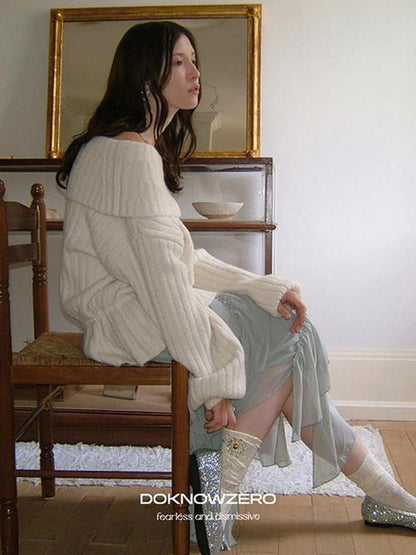 DKZ OFFICIAL Off Shoulder Knit Bow Tie Sweater