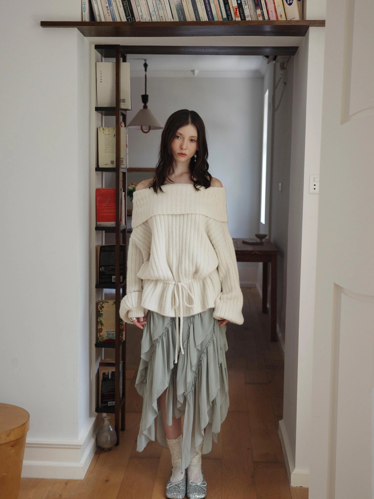 DKZ OFFICIAL Off Shoulder Knit Bow Tie Sweater