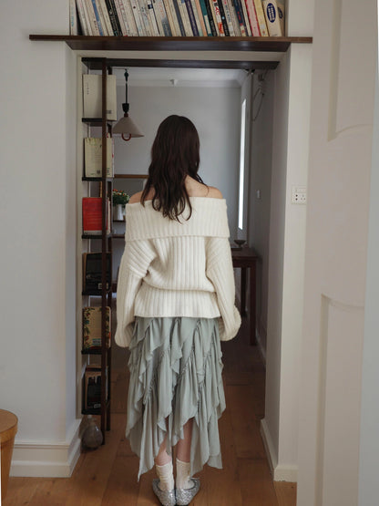 DKZ OFFICIAL Off Shoulder Knit Bow Tie Sweater