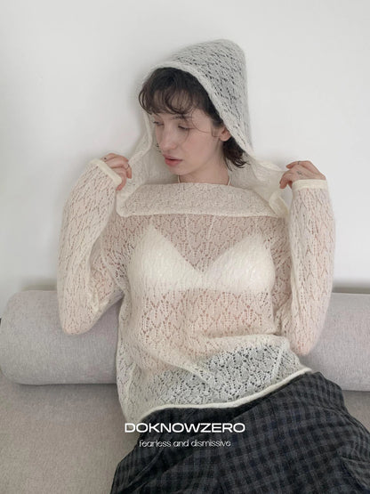 DKZ OFFICIAL Off Shoulder Ribbed Hooded Long Sleeve Top