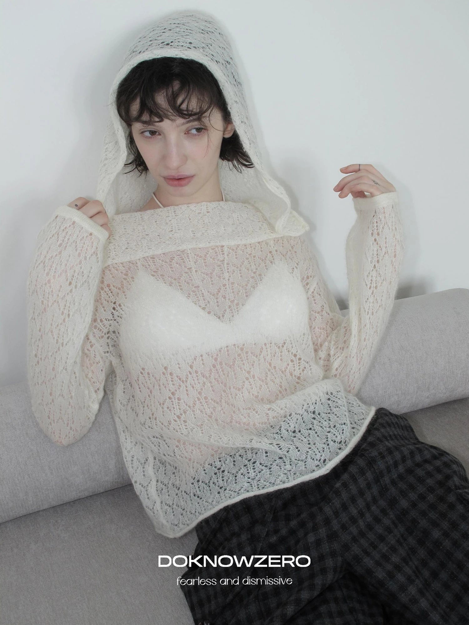 DKZ OFFICIAL Off Shoulder Ribbed Hooded Long Sleeve Top