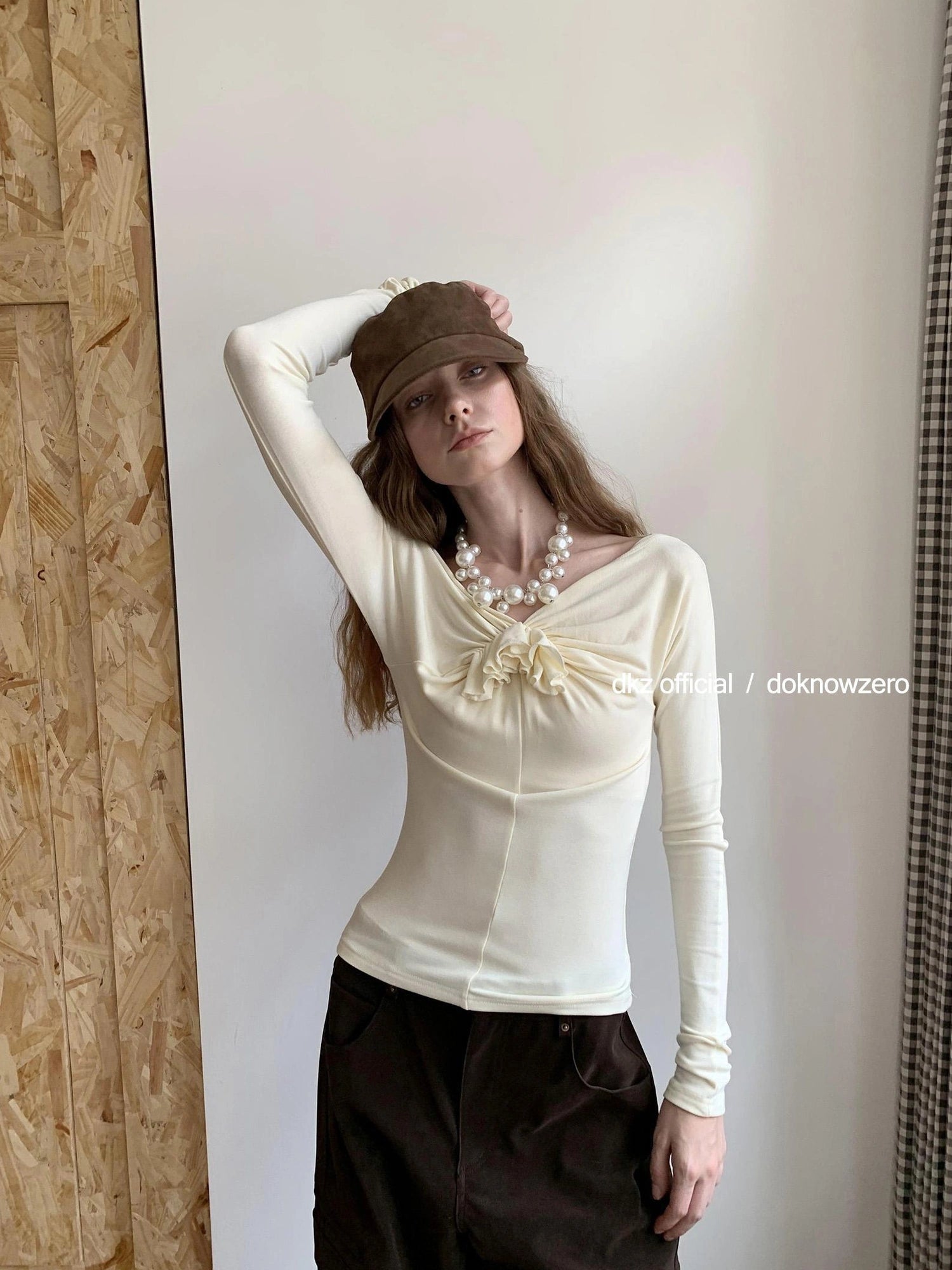 DKZ OFFICIAL One Shoulder Long Sleeve Top with Ruffle Flower Design