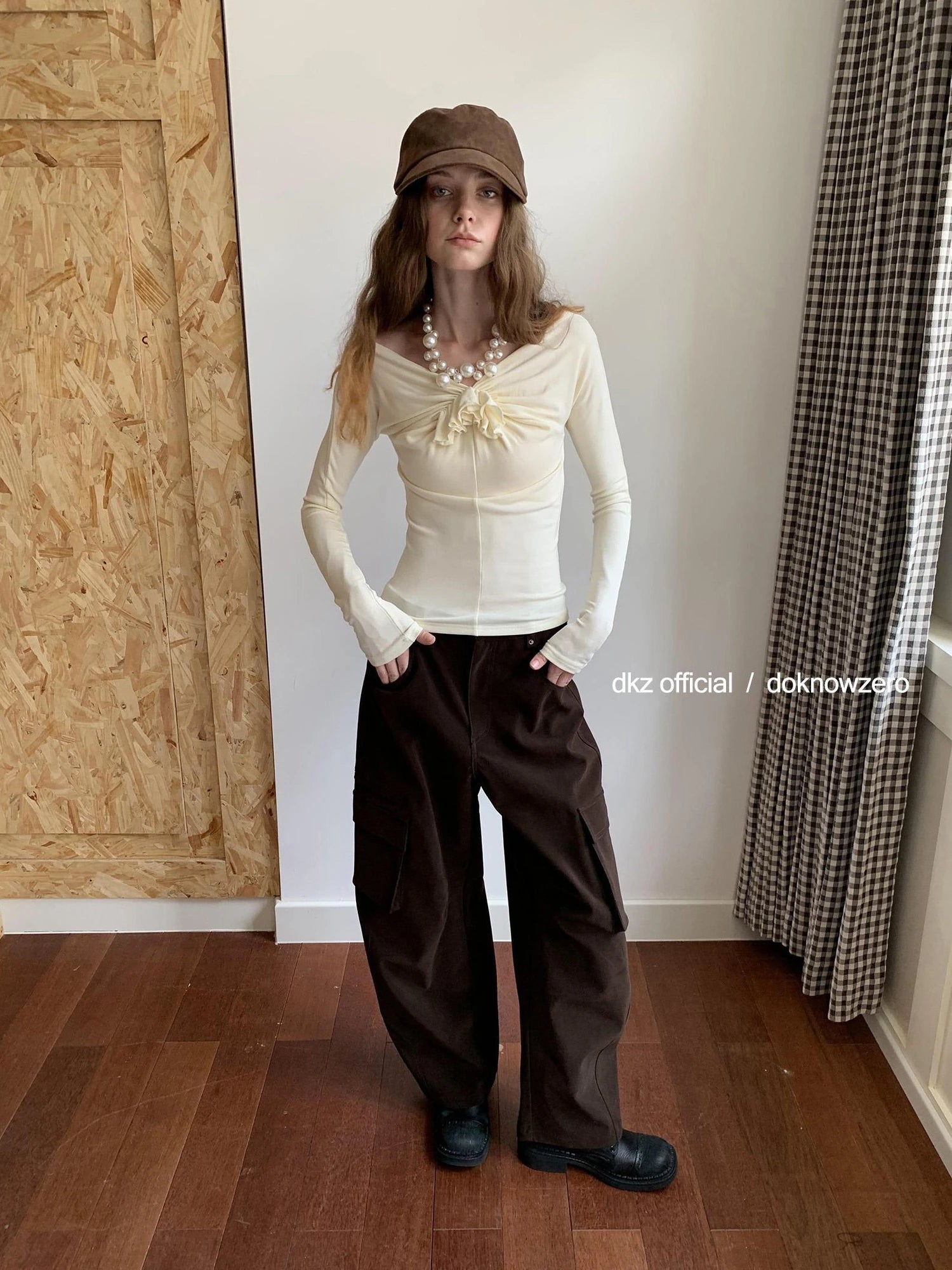 DKZ OFFICIAL One Shoulder Long Sleeve Top with Ruffle Flower Design