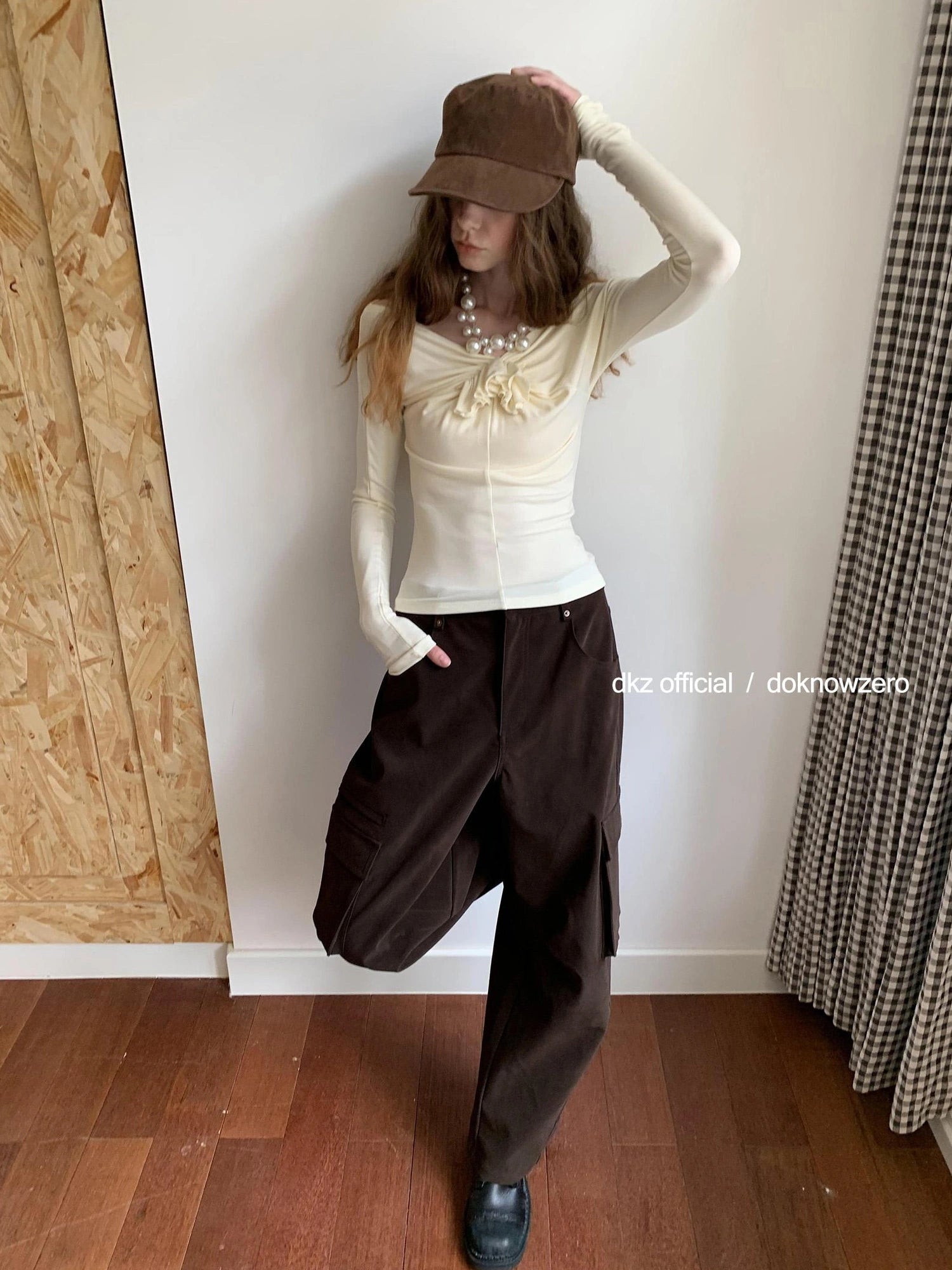 DKZ OFFICIAL One Shoulder Long Sleeve Top with Ruffle Flower Design