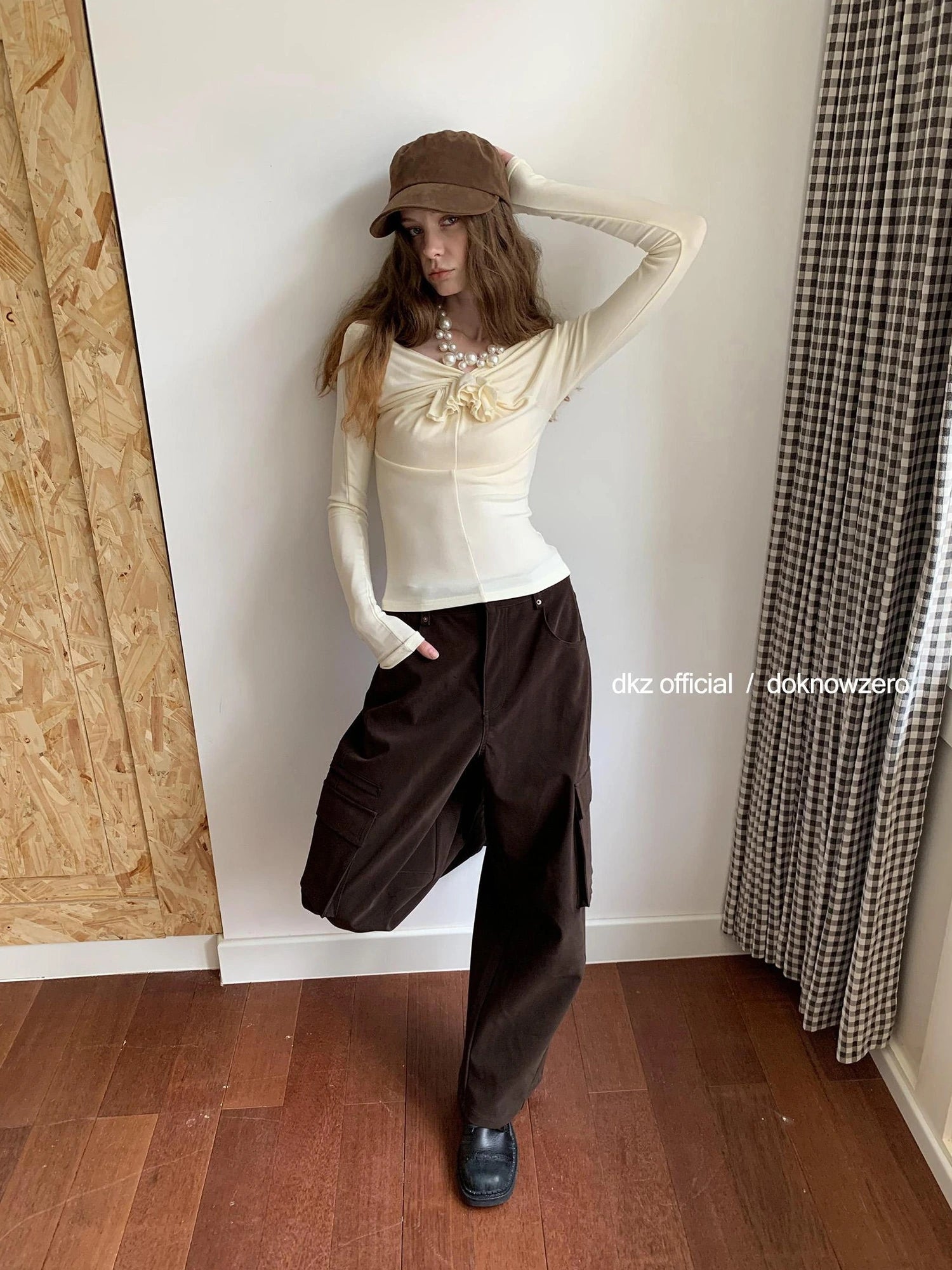 DKZ OFFICIAL One Shoulder Long Sleeve Top with Ruffle Flower Design