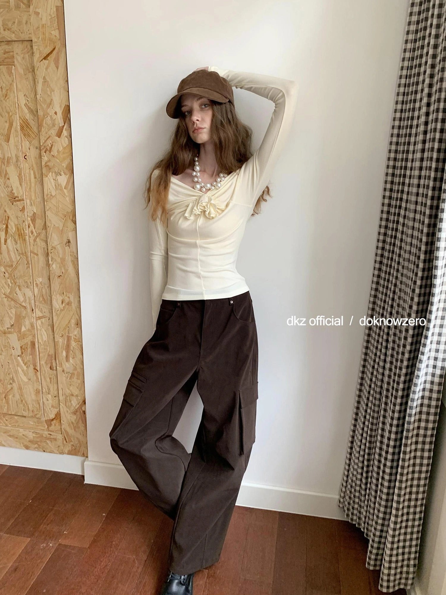 DKZ OFFICIAL One Shoulder Long Sleeve Top with Ruffle Flower Design