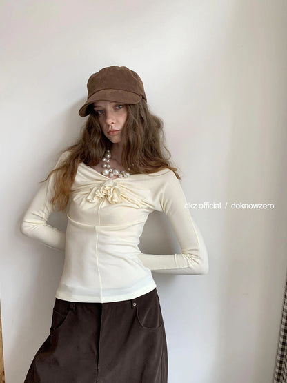 DKZ OFFICIAL One Shoulder Long Sleeve Top with Ruffle Flower Design