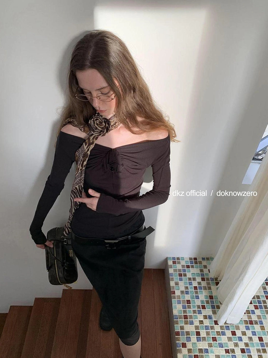DKZ OFFICIAL One Shoulder Long Sleeve Top with Ruffle Flower Design