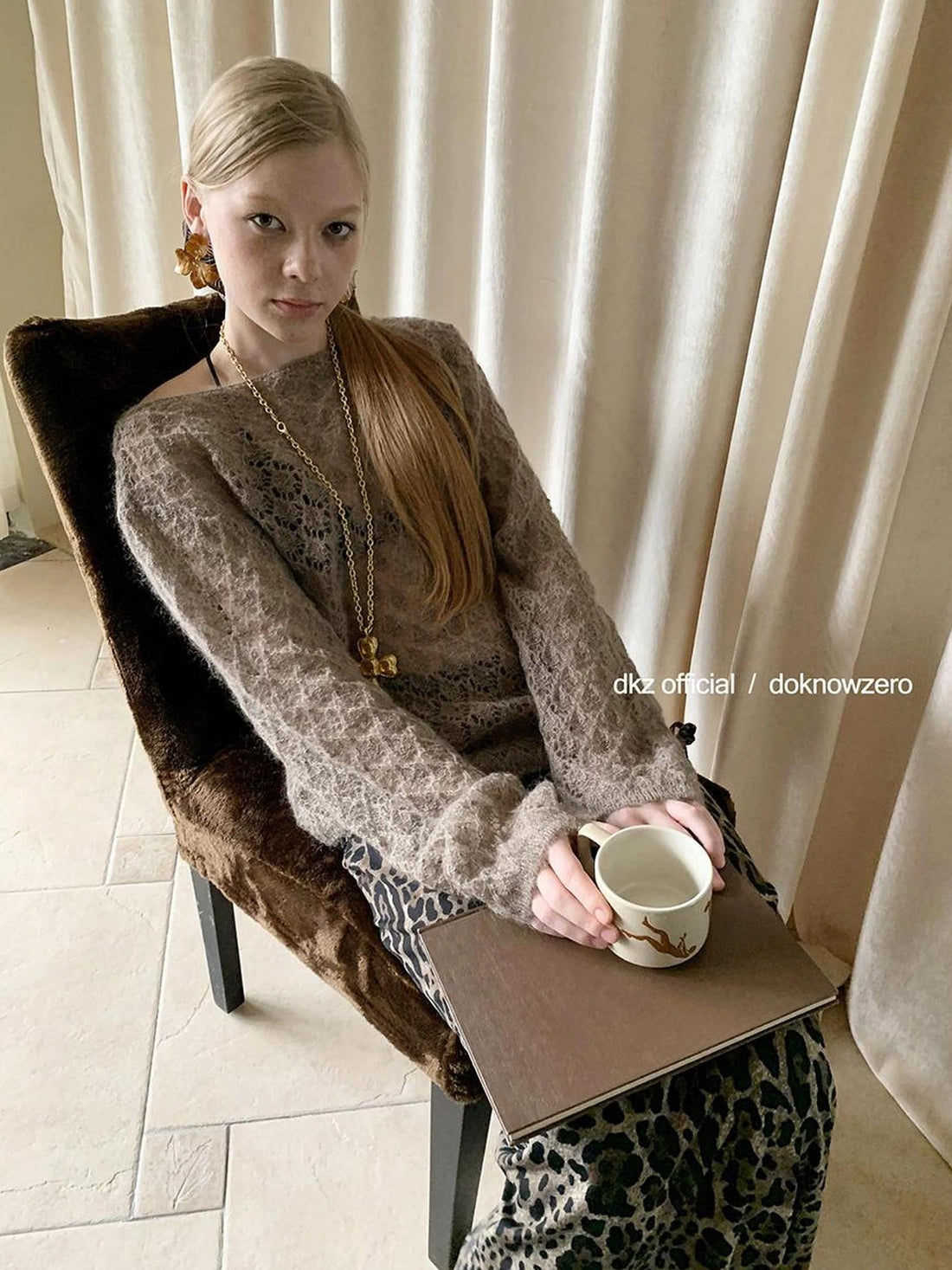 DKZ OFFICIAL Openwork Mohair Long Sleeve Knit Sweater