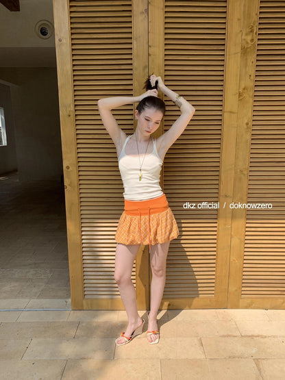 DKZ OFFICIAL Orange Plaid Drawstring Mini Skirt