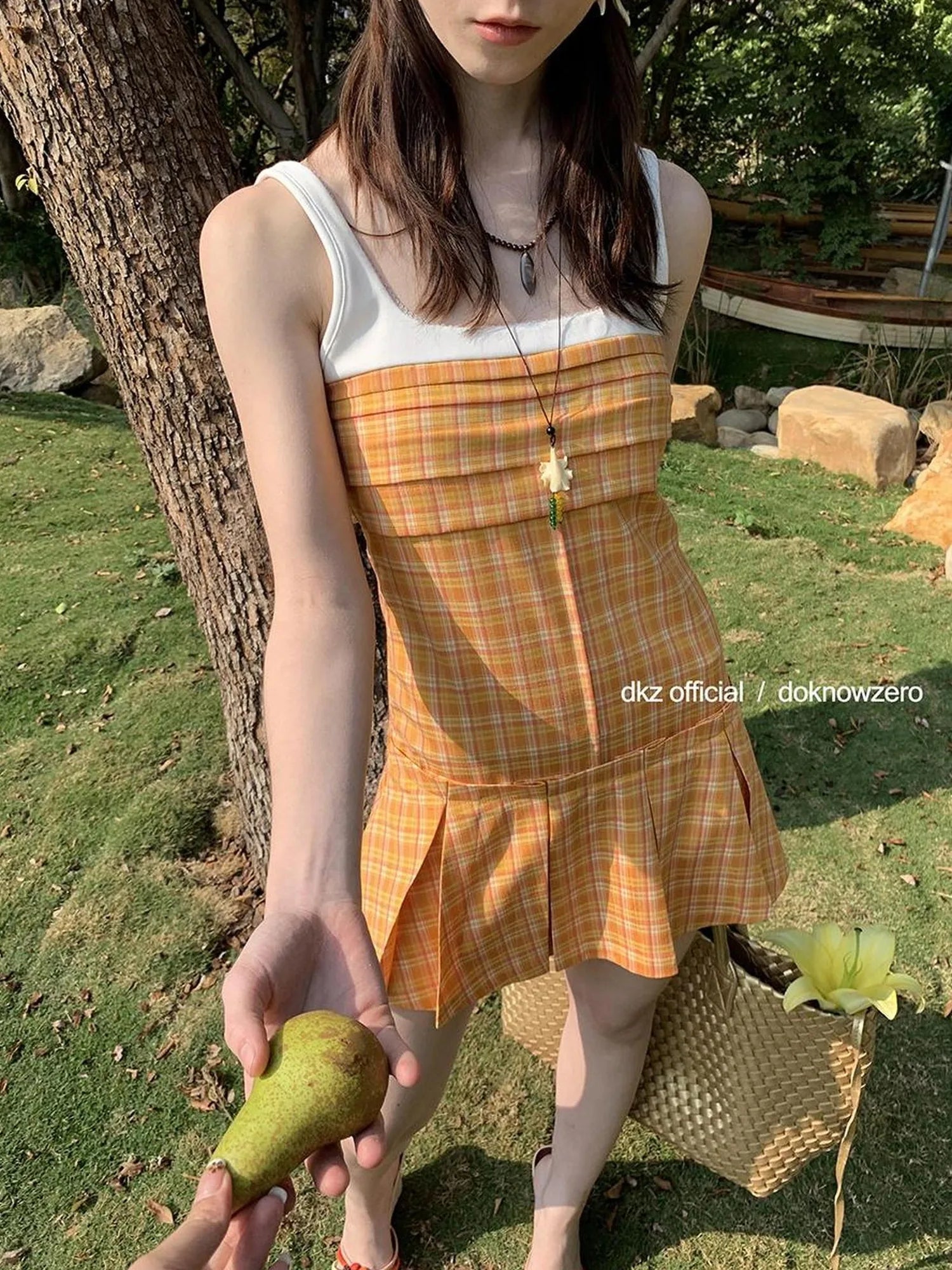 DKZ OFFICIAL Orange Plaid Strappy Midi Dress With Pleated Skirt