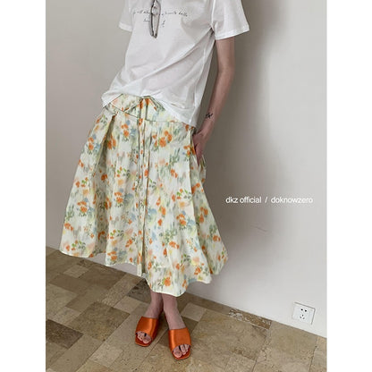 DKZ_OFFICIAL_Orange_Retro_Pleated_Printed_A_Line_Loose_Women&