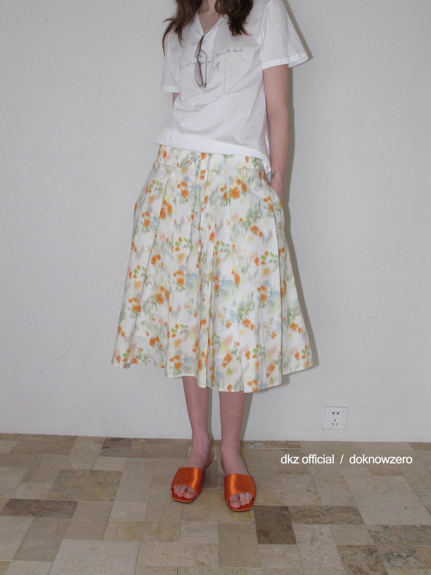 DKZ OFFICIAL Orange Retro Pleated Printed A Line Loose Women&