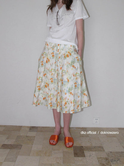 DKZ OFFICIAL Orange Retro Pleated Printed A Line Loose Women&