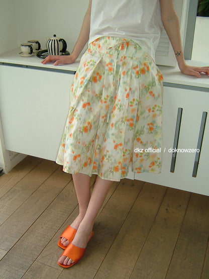 DKZ OFFICIAL Orange Retro Pleated Printed A Line Loose Women&