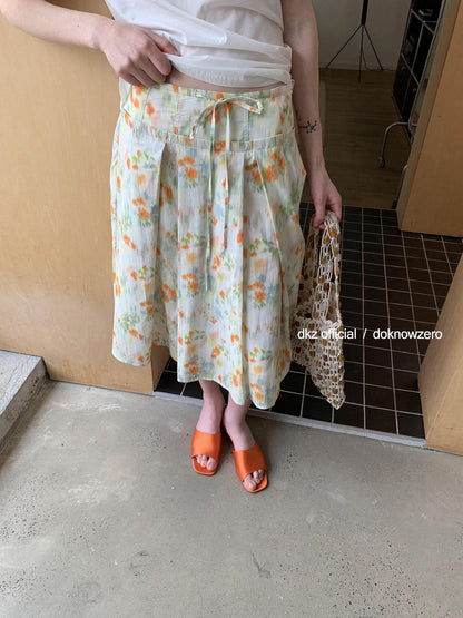 DKZ OFFICIAL Orange Retro Pleated Printed A Line Loose Women&