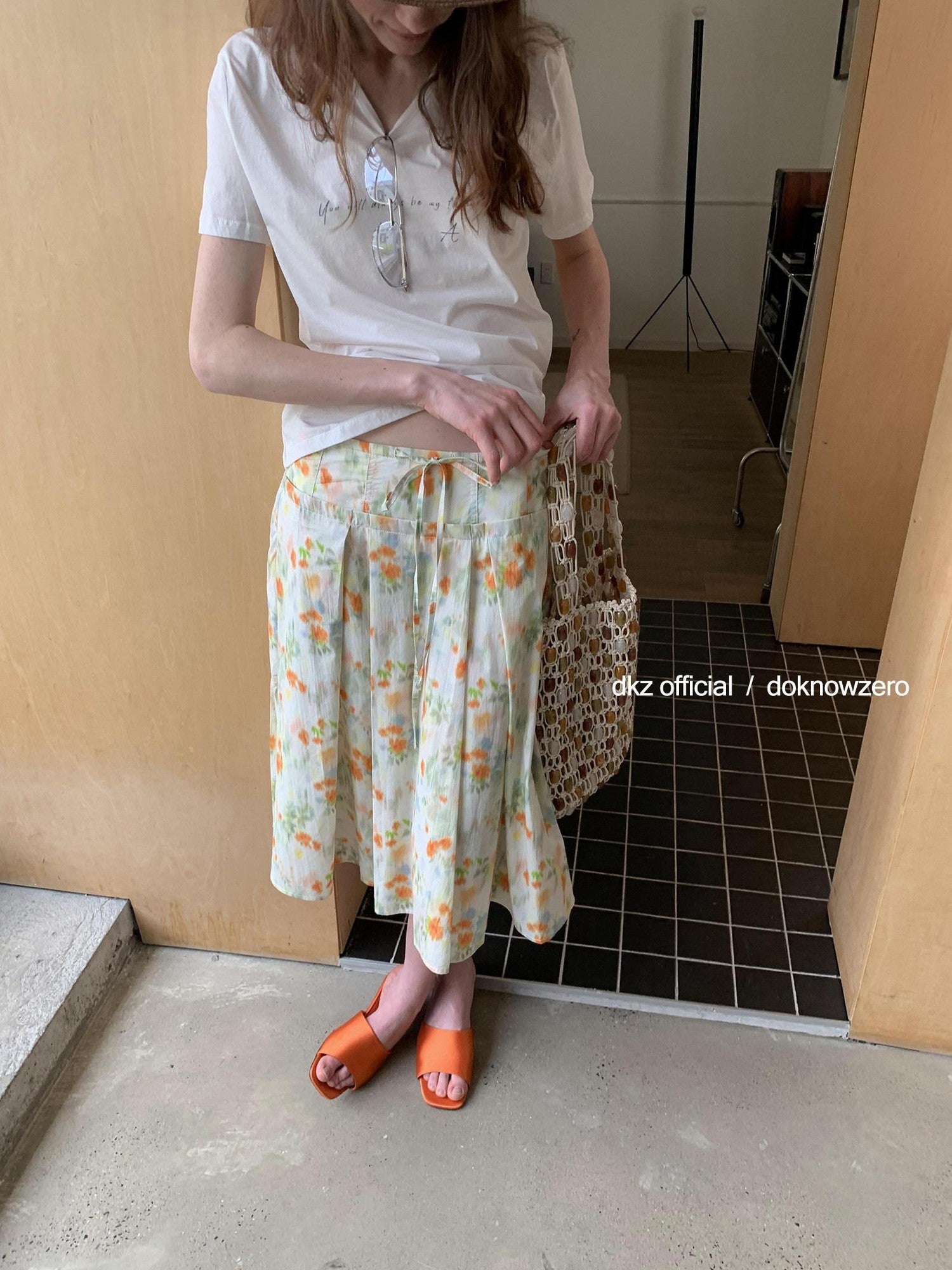 DKZ OFFICIAL Orange Retro Pleated Printed A Line Loose Women&