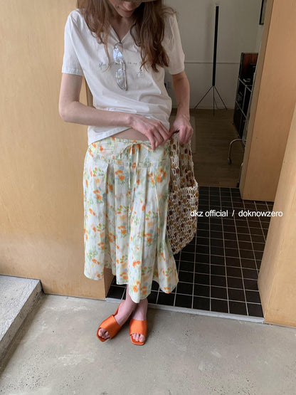 DKZ OFFICIAL Orange Retro Pleated Printed A Line Loose Women&