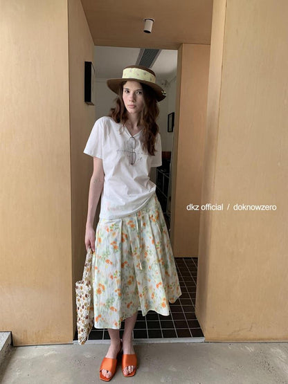 DKZ OFFICIAL Orange Retro Pleated Printed A Line Loose Women&