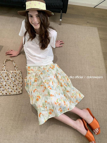 DKZ OFFICIAL Orange Retro Pleated Printed A Line Loose Women&