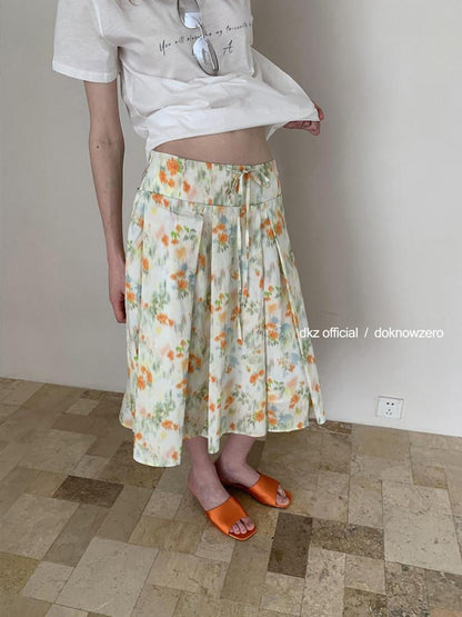 DKZ OFFICIAL Orange Retro Pleated Printed A Line Loose Women&
