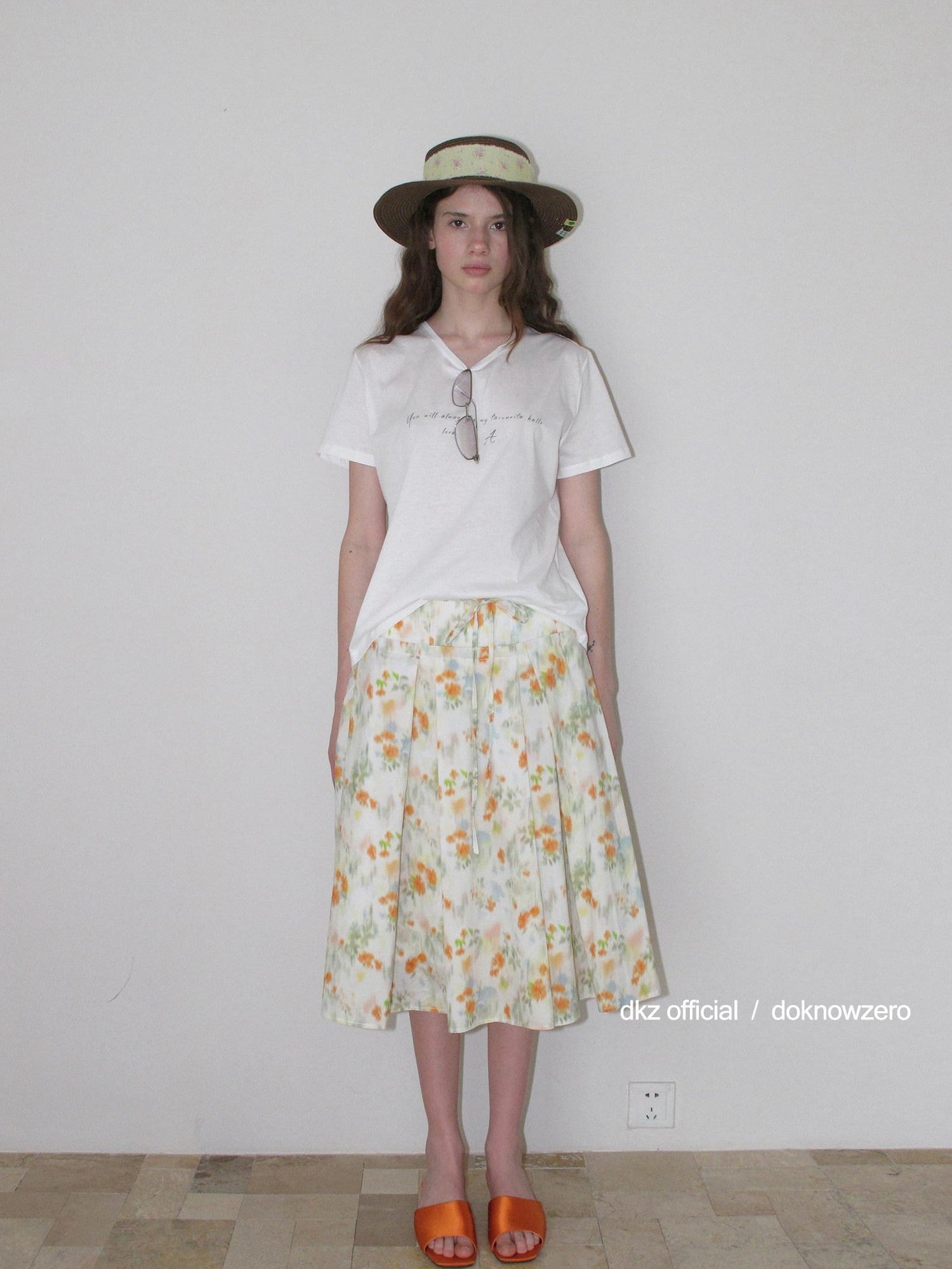 DKZ OFFICIAL Orange Retro Pleated Printed A Line Loose Women&