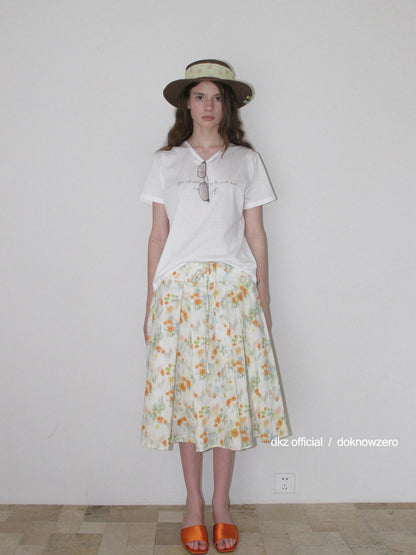 DKZ OFFICIAL Orange Retro Pleated Printed A Line Loose Women&