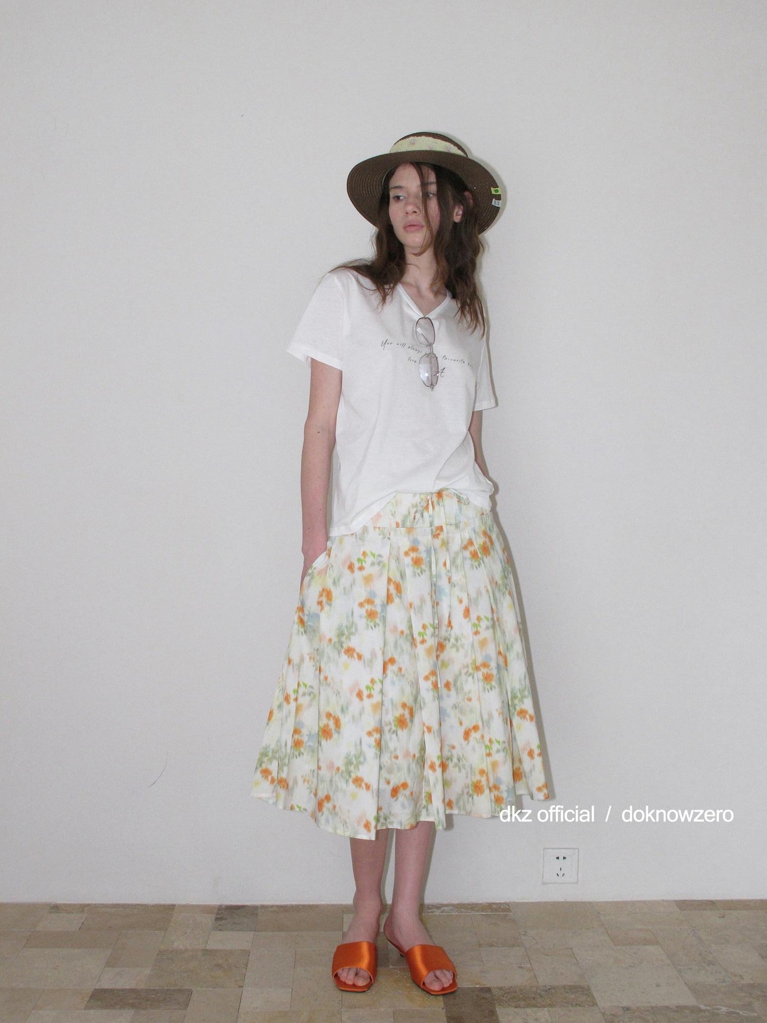 DKZ OFFICIAL Orange Retro Pleated Printed A Line Loose Women&