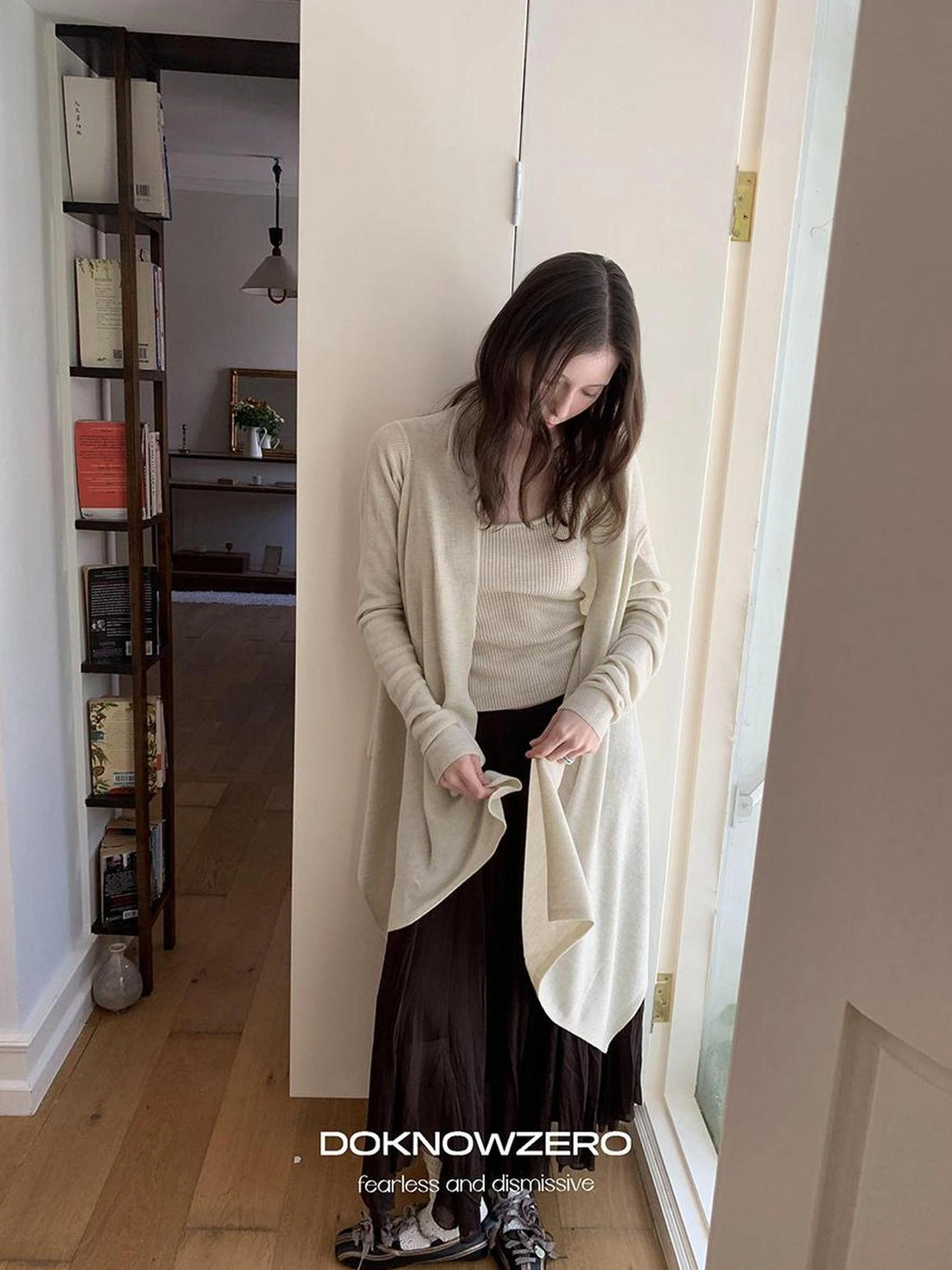 DKZ OFFICIAL Oversized Asymmetrical Knit Cardigan In Cream And Black