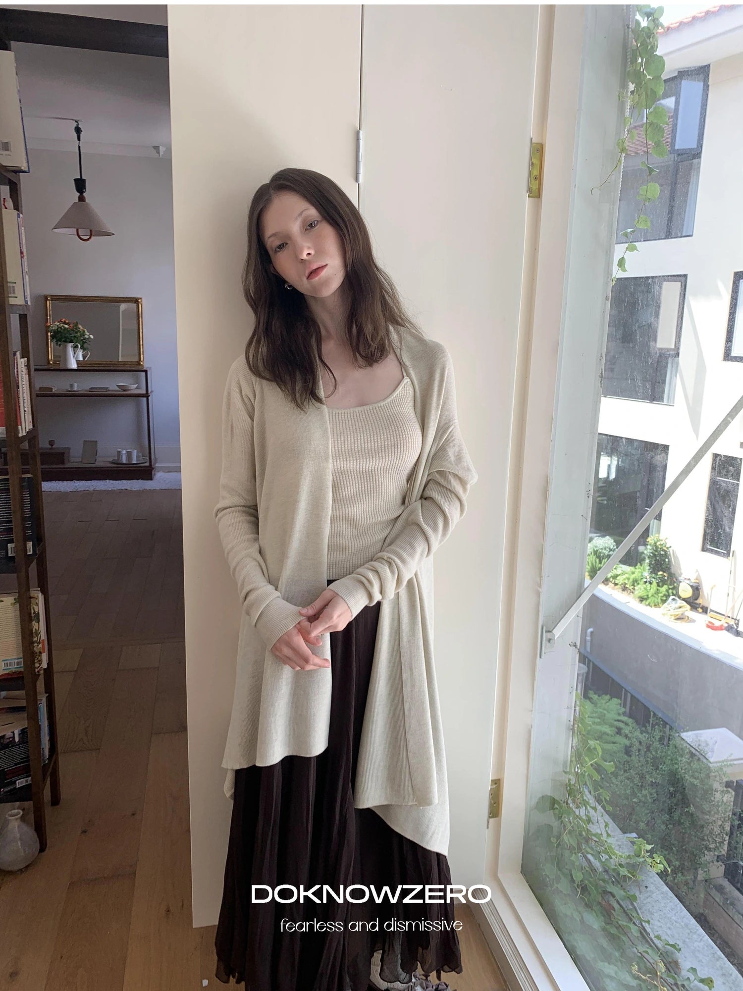 DKZ OFFICIAL Oversized Asymmetrical Knit Cardigan In Cream And Black