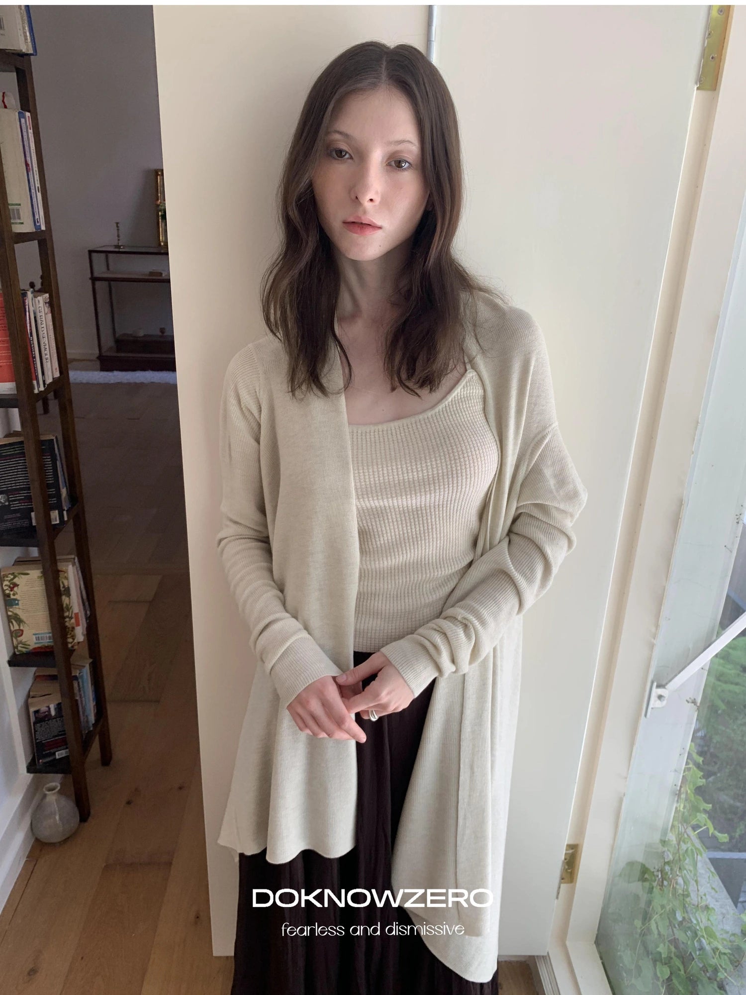 DKZ OFFICIAL Oversized Asymmetrical Knit Cardigan In Cream And Black