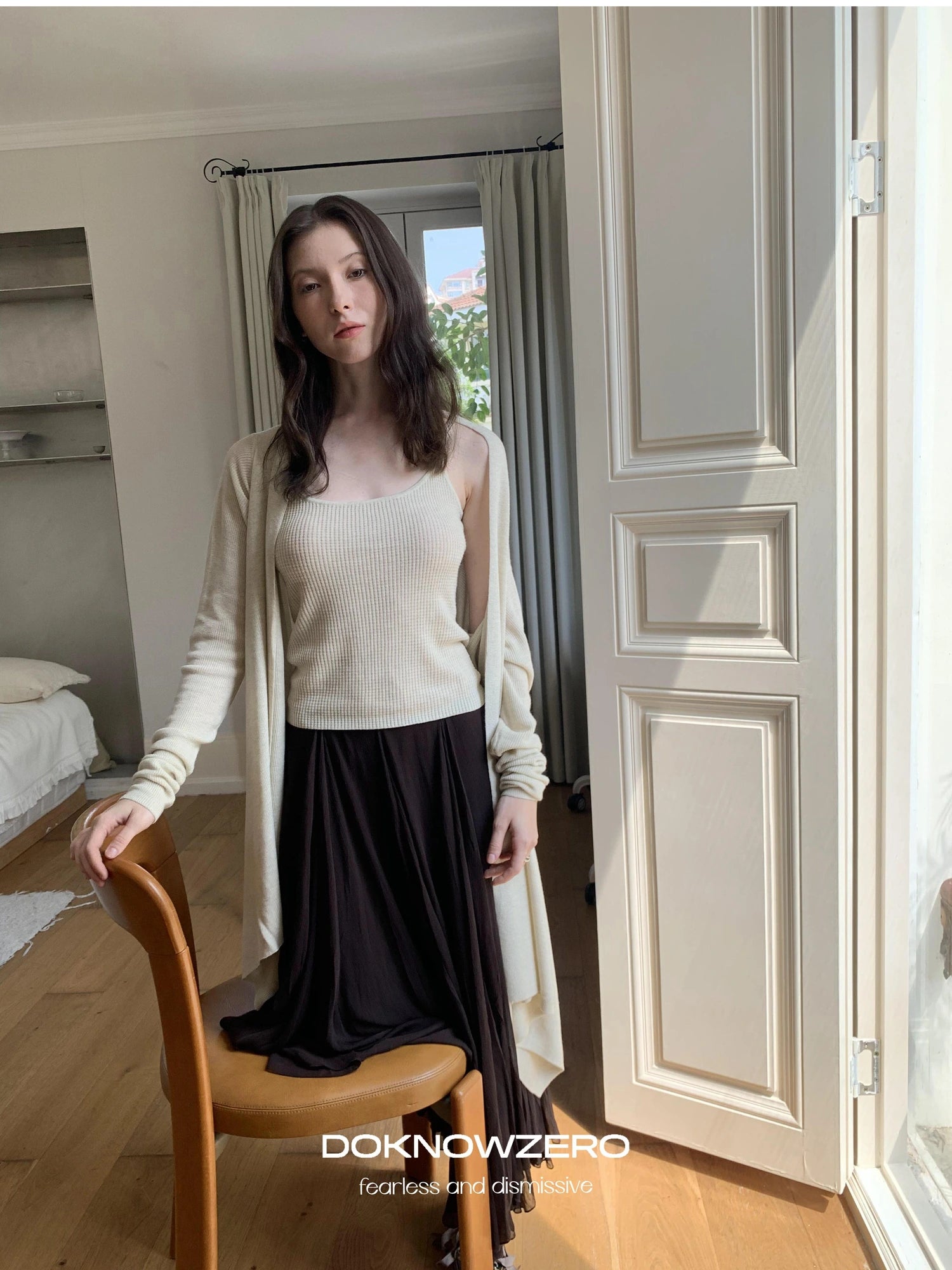 DKZ OFFICIAL Oversized Asymmetrical Knit Cardigan In Cream And Black