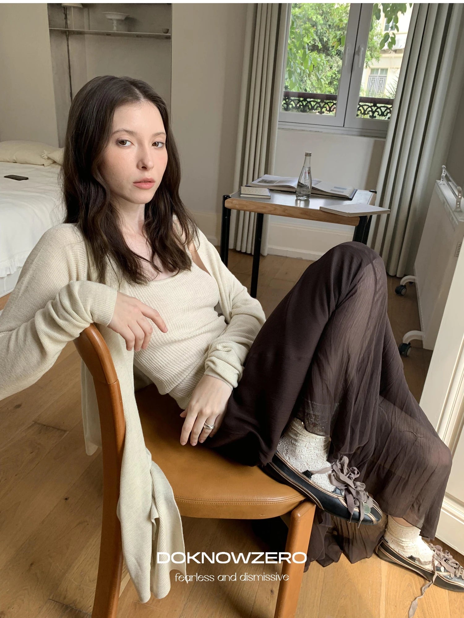 DKZ OFFICIAL Oversized Asymmetrical Knit Cardigan In Cream And Black